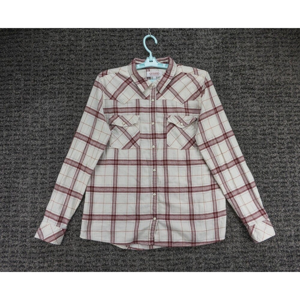 Shyanne Shirt Womens Large White Maroon Plaid Flannel Pearl Snap Western Outdoor